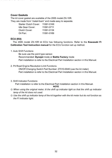 Kawasaki Ninja ZX-10R Racing Kit Manual (2005) Sample Preview: Racing Kit ECU and Pit-Road Control Functions