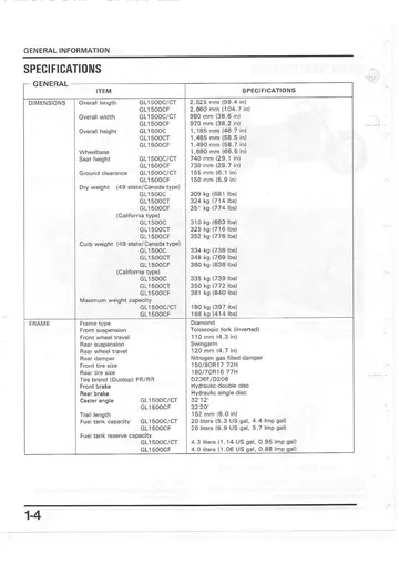 Honda GL1500C / GL1500CT / GL1500CF Valkyrie Service Manual (1997-2003) Sample Preview: Factory specifications comparing GL1500C, GL1500CT and GL1500CF dimensions, weights, chassis, tires, brakes and fuel capacities