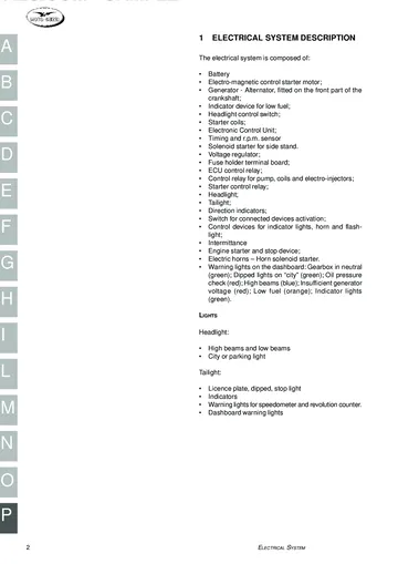 Moto Guzzi California EV / Special / Special Sport / Jackal / Stone Service Manual (1997-2002) Sample Preview: Factory electrical-system overview listing battery, starter, alternator, ECU, sensors, relays, lighting and dashboard circuits