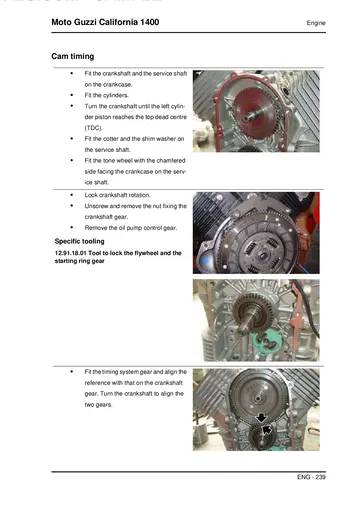 Moto Guzzi California 1400 Custom / Touring Service Manual (2014) Sample Preview: Factory cam-timing procedure with service-shaft locking, timing-gear alignment and dedicated special tooling