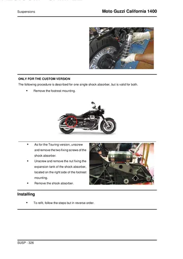 Moto Guzzi California 1400 Custom / Touring Service Manual (2014) Sample Preview: Custom-specific rear shock absorber removal procedure, documenting chassis differences from the Touring version