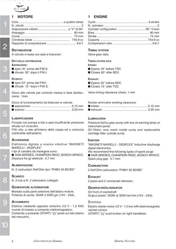 Moto Guzzi Nevada 750 Base & Club Service Manual (2002-2003) Sample Preview: Factory 743.9 cc V-twin specifications with 80 × 74 mm bore and stroke, 9.6:1 compression, Digiplex ignition and Dell'Orto carburettors