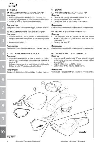 Moto Guzzi Nevada 750 Base & Club Service Manual (2002-2003) Sample Preview: Factory seat-removal procedures showing the separate Standard/Base and Club seat configurations