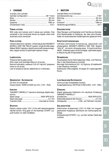 Moto Guzzi Quota 1100 ES Service Manual (1998-2001) Sample Preview: Factory 1064 cc V-twin engine, 9.5:1 compression, Weber-Marelli injection and 350 W alternator specifications