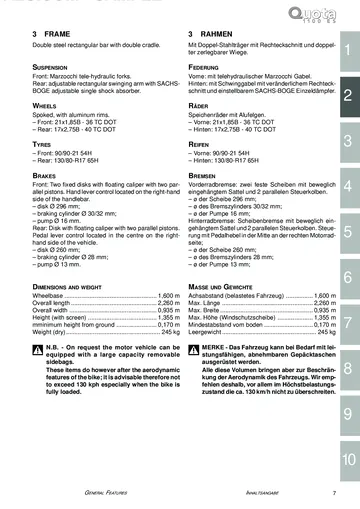 Moto Guzzi Quota 1100 ES Service Manual (1998-2001) Sample Preview: Factory chassis, suspension, wheel, tyre, brake, dimensions and dry-weight specifications
