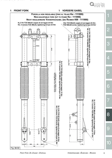 Moto Guzzi Quota 1100 ES Service Manual (1998-2001) Sample Preview: Factory Marzocchi front-fork dimensions and 170 mm travel specifications