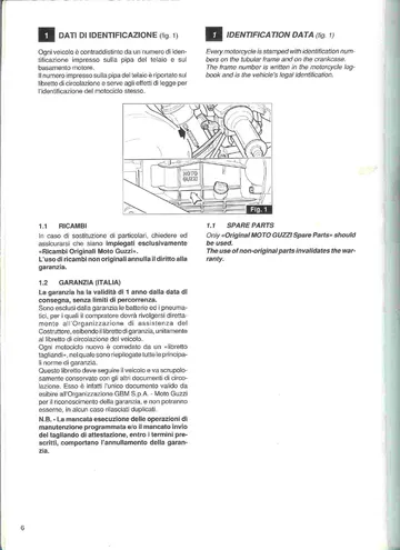Moto Guzzi Sport 1100 Carb Service Manual (1994-1996) Sample Preview: Factory 1064 cc V-twin specifications, 10.5:1 compression, power and drivetrain data