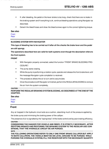 Moto Guzzi Stelvio 4V 1200 ABS Service Manual (2008-2010) Sample Preview: Factory ABS hydraulic bleeding procedure using the Moto Guzzi Navigator diagnostic system