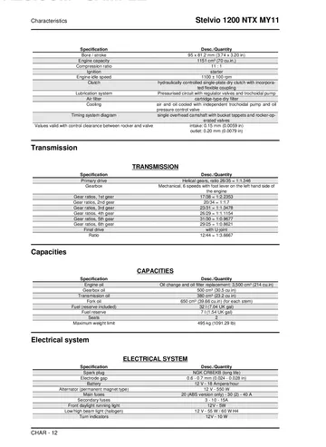 Moto Guzzi Stelvio 1200 8V NTX Service Manual (2011) Sample Preview: Factory 1151 cc V-twin, six-speed transmission, 32-litre fuel capacity and electrical specifications