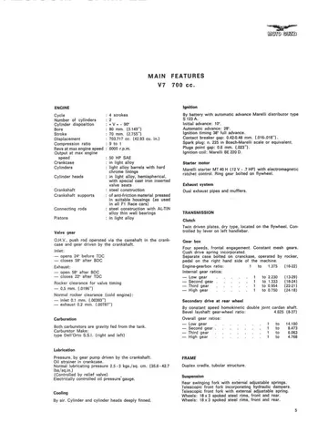 Moto Guzzi V7 700 & V7 750 Service Manual Sample Preview: Factory main specifications for the 703.7 cc Moto Guzzi V7 700