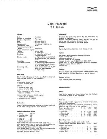 Moto Guzzi V7 700 & V7 750 Service Manual Sample Preview: Factory main specifications for the 757.5 cc Moto Guzzi V7 750