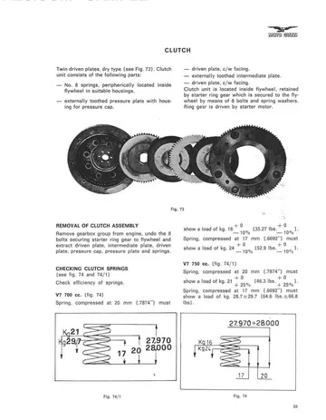Moto Guzzi V7 700 & V7 750 Service Manual Sample Preview: Dry twin-plate clutch construction, spring specifications and service procedures