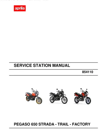 Aprilia Pegaso 650 Strada / Trail / Factory Service Manual (2007) Sample Preview: Factory Service Station Manual 854110 cover identifying the Pegaso 650 Strada, Trail and Factory