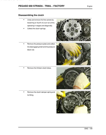 Aprilia Pegaso 650 Strada / Trail / Factory Service Manual (2007) Sample Preview: Factory clutch-overhaul procedure with workshop photographs showing spring, pressure-plate and clutch-pack removal