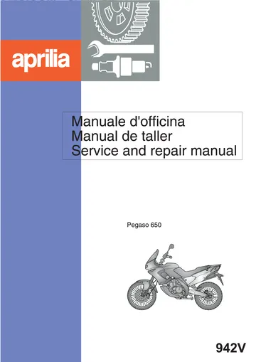Aprilia Pegaso 650 Cube Service Manual (1997) Sample Preview: Factory service-and-repair manual cover for the Aprilia Pegaso 650, publication 942V