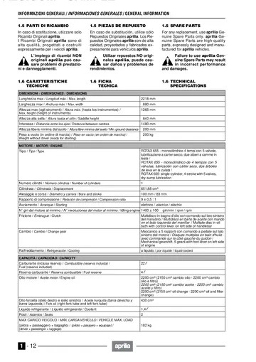 Aprilia Pegaso 650 Cube Service Manual (1997) Sample Preview: Factory technical specifications for the Rotax 655 engine, dimensions, capacities, transmission and chassis