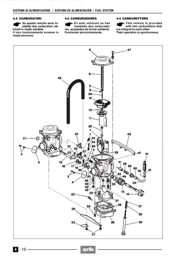 Aprilia Pegaso 650 Cube Service Manual (1997) Sample Preview: Factory exploded view of the twin Mikuni BST33 carburettor assembly and internal components