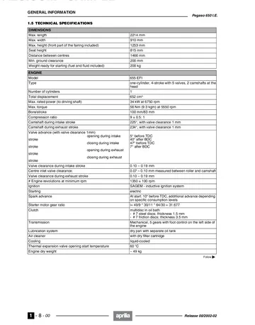 Aprilia Pegaso 650 I.E. Service Manual (2002) Sample Preview: Factory technical specifications for the 652 cm³ 655 EFI engine, dimensions, chassis, brakes, suspension and capacities