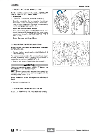 Aprilia Pegaso 650 I.E. Service Manual (2002) Sample Preview: Factory front-brake disc inspection and removal procedures from the chassis section
