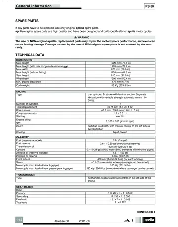Aprilia RS 50 Service Manual (2001) Sample Preview: Factory technical specifications covering the 49.75 cm³ two-stroke engine, dimensions, capacities and six-speed transmission