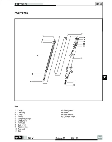Aprilia RS 50 Service Manual (2001) Sample Preview: Factory front-fork exploded diagram identifying the spring, damper, fork tube, seals, bushes and drain hardware