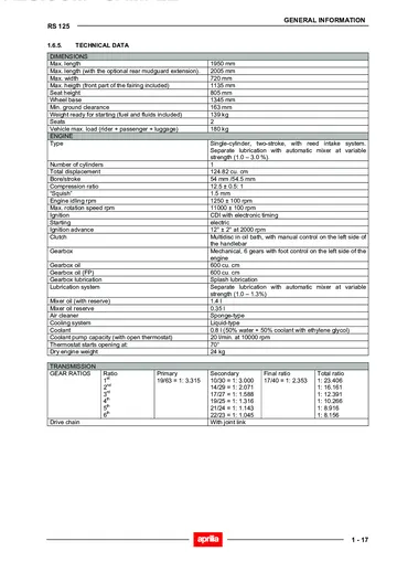 Aprilia RS 125 Service Manual (2002) Sample Preview: Factory technical data covering the 124.82 cm³ two-stroke engine, transmission, dimensions, brakes and chassis