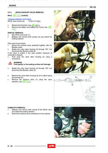 Aprilia RS 125 Service Manual (2002) Sample Preview: Factory RAVE exhaust-valve removal procedure with workshop photographs and exploded component illustration