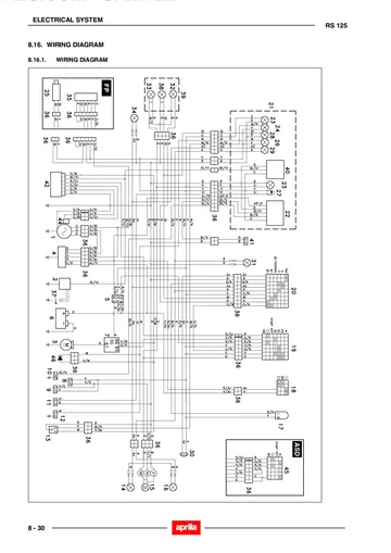 Aprilia RS 125 Service Manual (2002) Sample Preview: Factory RS 125 electrical wiring diagram covering ignition, charging, lighting, instruments and control circuits