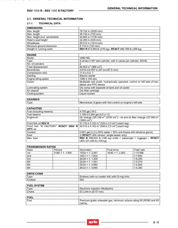 Aprilia RSV 1000 R / RSV 1000 R Factory Service Manual (2004) Sample Preview: Factory technical data for the V990 NG 998 cm³ engine, dimensions, transmission, capacities and final-drive ratios