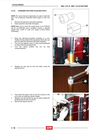 Aprilia RSV 1000 R / RSV 1000 R Factory Service Manual (2004) Sample Preview: RSV 1000 R Factory front-fork fluid service procedure with special-tool and workshop photographs