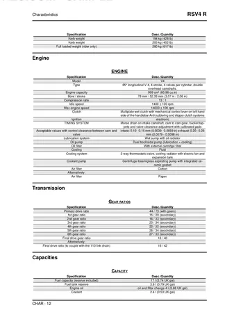 Aprilia RSV4 R Service Manual (2009) Sample Preview: Factory 999 cm³ V4 engine, transmission, gearing and capacity specifications