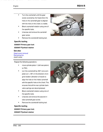 Aprilia RSV4 R Service Manual (2009) Sample Preview: Factory V4 camshaft timing procedure with workshop photographs and dedicated timing tools