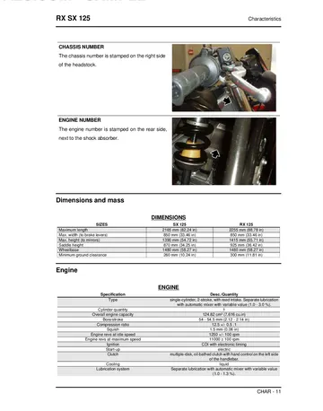 Aprilia RX 125 / SX 125 Service Manual (2008) Sample Preview: Factory RX/SX dimensions and 124.82 cm³ two-stroke engine specifications, including bore, stroke and compression ratio