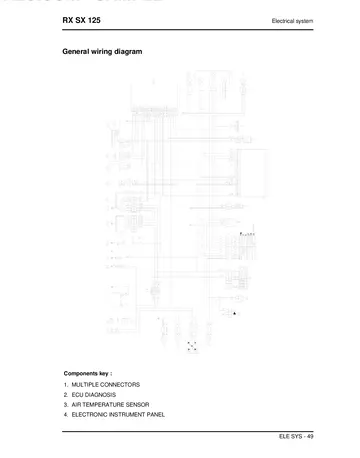 Aprilia RX 125 / SX 125 Service Manual (2008) Sample Preview: Complete factory electrical wiring diagram with component key for ignition, instruments, lighting and controls