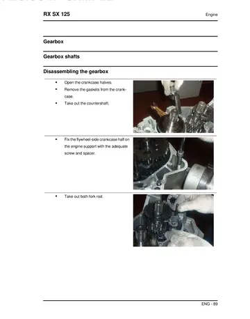 Aprilia RX 125 / SX 125 Service Manual (2008) Sample Preview: Factory six-speed gearbox disassembly procedure from the complete internal engine-overhaul section