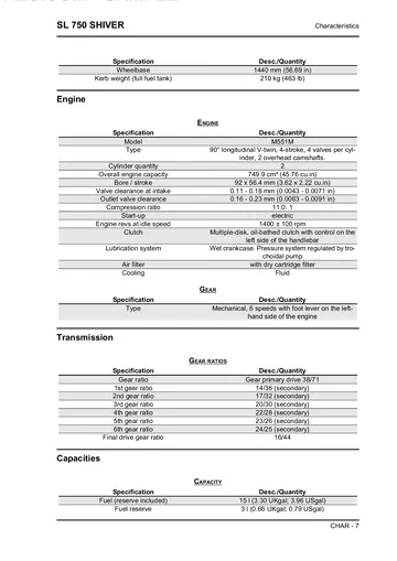 Aprilia SL 750 Shiver Service Manual (2007) Sample Preview: Factory M551M engine, transmission and capacity specifications including 749.9 cm³ displacement, 92 × 56.4 mm bore/stroke and 16/44 final drive