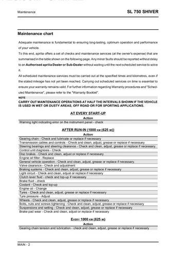 Aprilia SL 750 Shiver Service Manual (2007) Sample Preview: Factory maintenance chart covering run-in service, valve clearance, fluids, chain, brakes, tyres and suspension checks