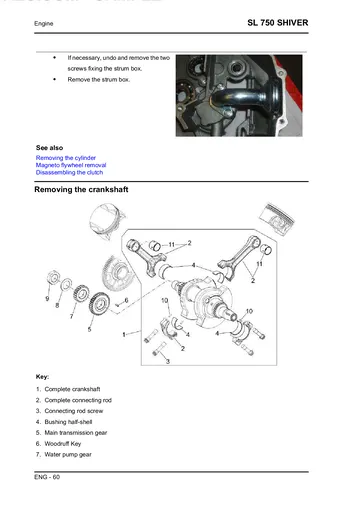 Aprilia SL 750 Shiver Service Manual (2007) Sample Preview: Factory crankshaft-removal procedure from the complete internal V-twin engine-overhaul section