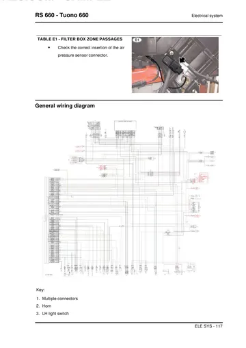 Aprilia Tuono 660 Service Manual (2021) Sample Preview: Complete factory general wiring diagram and component key for engine management, ABS, APRC, lighting and controls