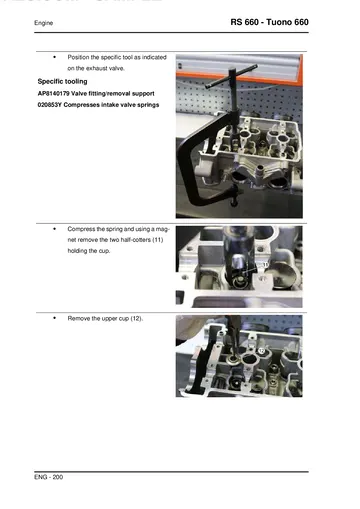 Aprilia Tuono 660 Service Manual (2021) Sample Preview: Factory cylinder-head and valve service procedure with special tools from the complete internal engine-overhaul section