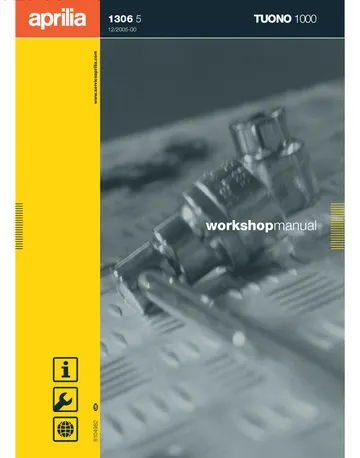 Aprilia Tuono 1000 Service Manual (2006) Sample Preview: Factory Tuono 1000 workshop-manual cover identifying document 1306 5 / 8104982 UK, Release 12/2005-00