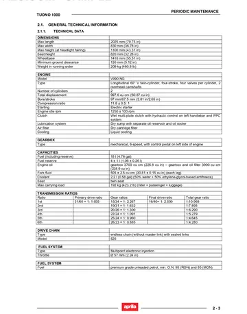 Aprilia Tuono 1000 Service Manual (2006) Sample Preview: Factory V990 NG engine, dimensions, capacities, transmission ratios and 57 mm multipoint fuel-injection specifications