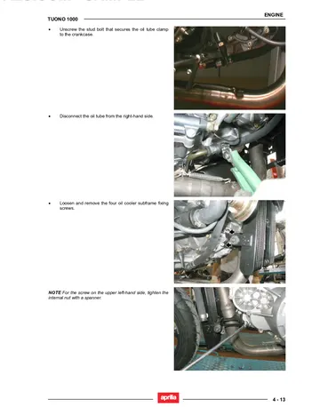 Aprilia Tuono 1000 Service Manual (2006) Sample Preview: Factory engine-removal procedure with workshop photographs showing oil-cooler and engine-access operations