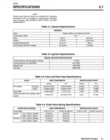 Buell P3 Blast Service Manual (2004) Sample Preview: Factory 492 cc engine specifications showing 88.8 × 79.375 mm bore and stroke, 9.2:1 compression and 1.89-litre oil capacity