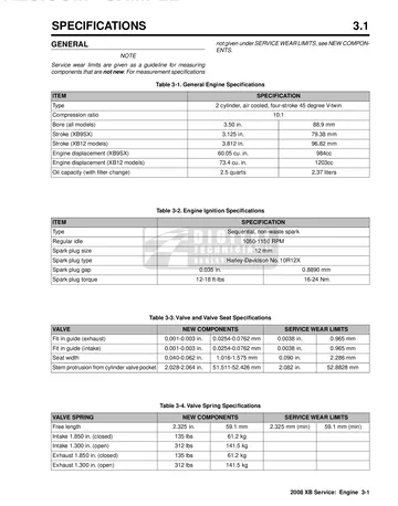 Buell XB Models Service Manual (2008) Sample Preview: General engine specifications for the 984 cm³ XB9SX and 1,203 cm³ XB12 45-degree V-twin engines