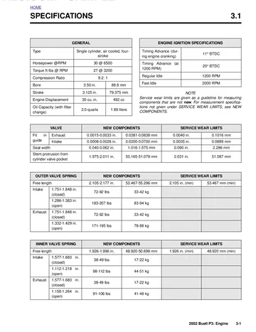 Buell P3 Blast Service Manual (2002) Sample Preview: Factory 492 cc engine specifications showing 88.8 mm bore, 79.375 mm stroke, 9.2:1 compression, 30 hp and 27 lb-ft torque