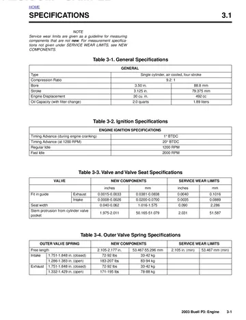 Buell P3 Blast Service Manual (2003) Sample Preview: Factory 492 cc engine specifications showing 88.8 × 79.375 mm bore and stroke, 9.2:1 compression and ignition settings