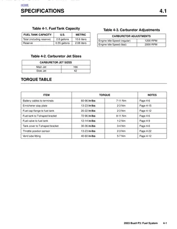 Buell P3 Blast Service Manual (2003) Sample Preview: Fuel-system specifications showing 10.6-litre tank capacity, 2.08-litre reserve, carburetor jet sizes and idle-speed settings