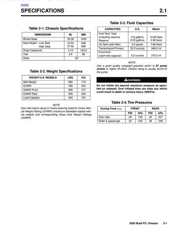 Buell P3 Blast Service Manual (2005) Sample Preview: Factory chassis specifications showing 1,404 mm wheelbase, 648/698 mm seat heights, 172 kg wet weight, 10.6-litre fuel capacity and fluid capacities