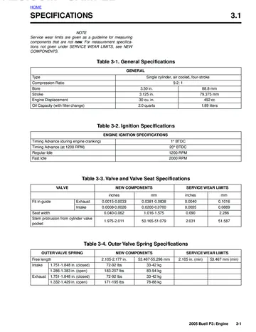 Buell P3 Blast Service Manual (2005) Sample Preview: Factory engine specifications showing 492 cm³ displacement, 88.8 × 79.375 mm bore and stroke, 9.2:1 compression and ignition settings